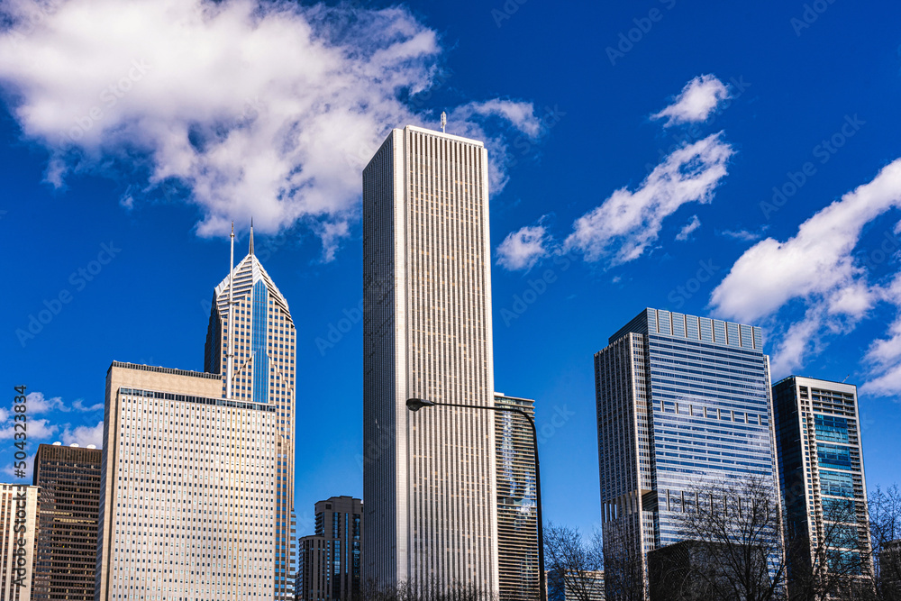 Business Building in Chicago Cityscape in downtown district, Illinois, United States, advertisement and travel for tourist concept