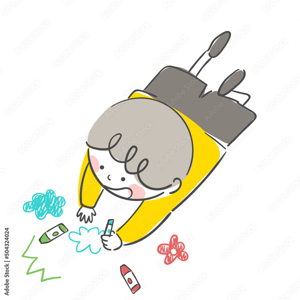 아이 일러스트_엎드려 크레파스로 그림을 그리는 아이 Stock ベクター | Adobe Stock