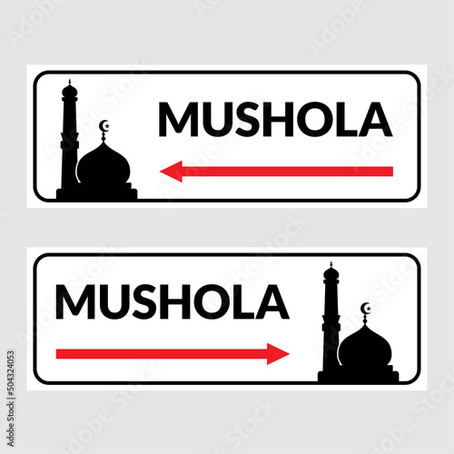 Mushola direction sign. Mushola sign with green color. Perfect for visual direction sign moslem people. Vector Illustration design.