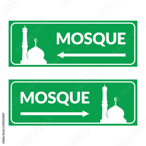 Prayer room direction sign. Mosque direction sign with green color. Perfect for visual direction sign moslem people. Vector Illustration design.