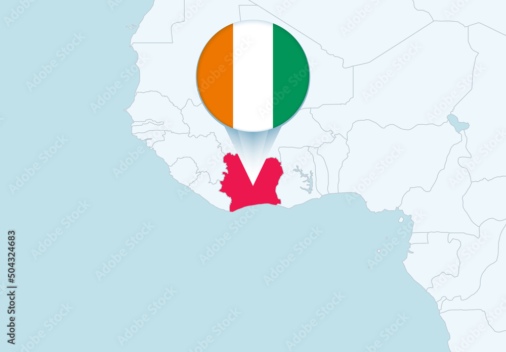 Naklejka premium Africa with selected Ivory Coast map and Ivory Coast flag icon.