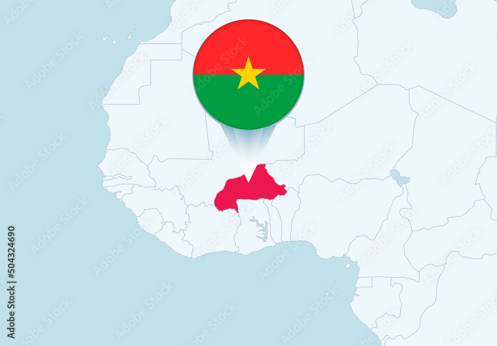 Obraz premium Africa with selected Burkina Faso map and Burkina Faso flag icon.