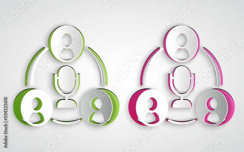 Paper cut Meeting icon isolated on grey background. Business team meeting, discussion concept, analysis, content strategy. Presentation conference. Paper art style. Vector