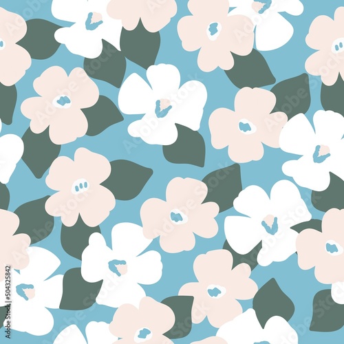 Simple vintage pattern. white and beige flowers, green leaves. Blue background. Fashionable print for textiles, wallpaper and packaging.