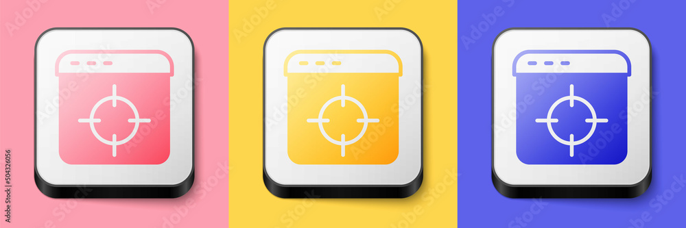 Isometric Target financial goal concept icon isolated on pink, yellow and blue background. Symbolic goals achievement, success. Square button. Vector Isometric Target financial goal concept icon isolated on pink, yellow and blue background. Symbolic goals achievement, success. Square button. Vector