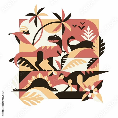 Dinosaur jurassic forest - abstract vector illustration with tyrannosaurus rex, hypacrosaurus, brontosaurus, stegosaurus and pterodactyl.