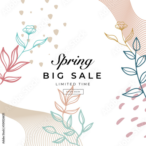 Spring season floral square cover template. Set of banner design with flowers  leaves and branch in line art pattern. Watercolor blossom for social media post  internet  ads  business.