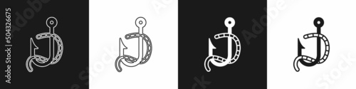 Set Fishing hook and worm icon isolated on black and white background. Fishing tackle. Vector