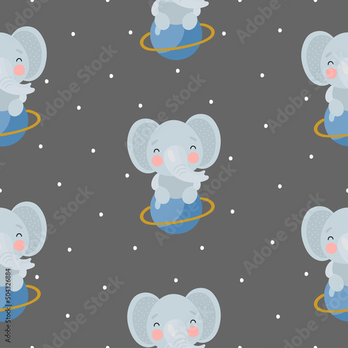 Seamless Pattern with Elephant in the space. Vector illustration. For greeting card  posters  banners  the card  printing on the pack  printing on clothes  fabric  wallpaper.