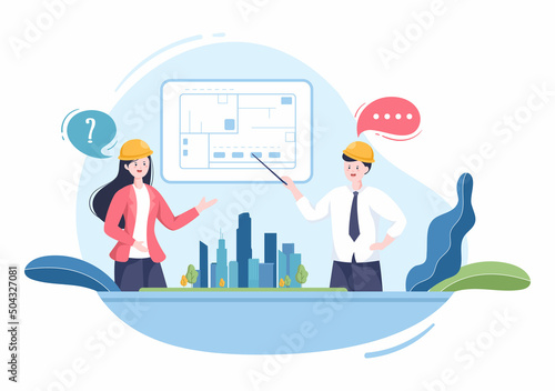 Architect or Engineer Cartoon Illustration using a Multipurpose Board Table to Sketch Building Constructions and Project Miniatures Concept