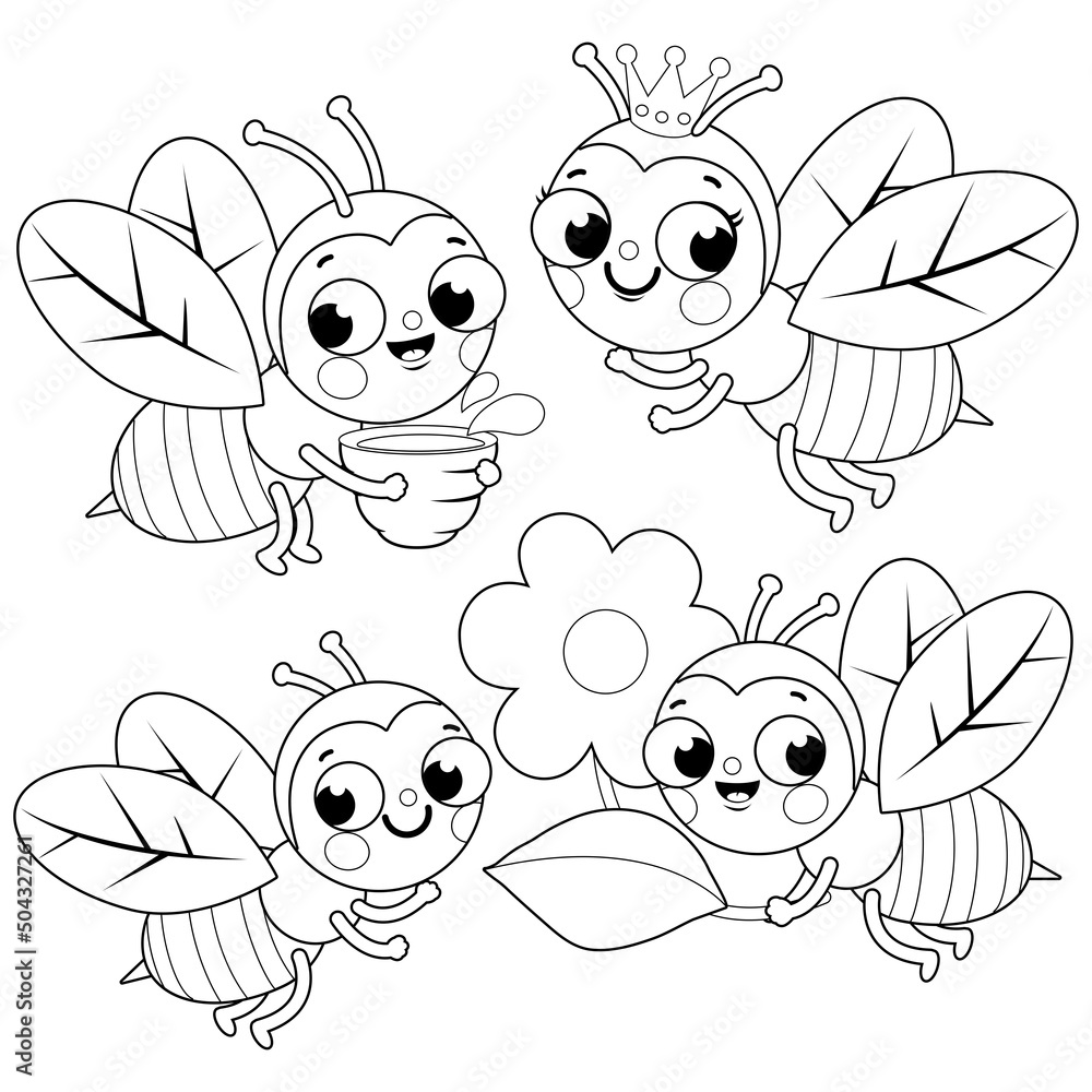 Cute bees with flowers and honey pot. Vector black and white coloring page