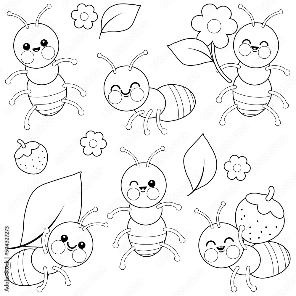 Cute ant bugs. Vector black and white coloring page