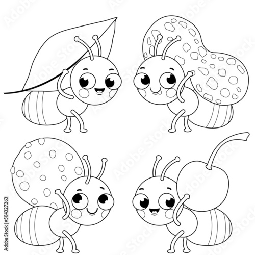 Cute ants carrying food. A leaf, a peanut, a cookie and a cherry. Vector black and white coloring page