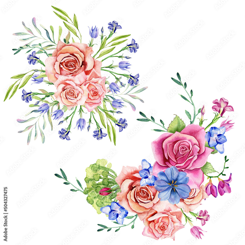 Blue and pink bouquet of flowers with delicate green leaves. Hydrangea, roses. Wedding watercolor garden beautiful bouquet of flowers in spring with greenery. illustration for print