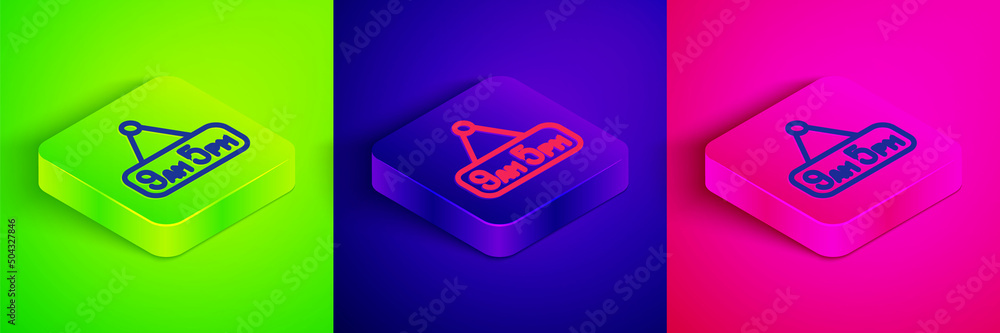 Isometric line From 9 to 5 job icon isolated on green, blue and pink background. Concept meaning work time schedule daily routine classic traditional employment. Square button. Vector Isometric line From 9 to 5 job icon isolated on green, blue and pink background. Concept meaning work time schedule daily routine classic traditional employment. Square button. Vector