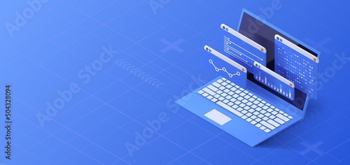 Data analysis concept. Business report illustration. Financial infographic background. Laptop icon.