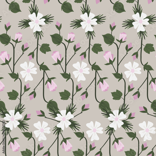 Cotton plant and flower seamless pattern on a brown background