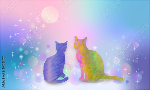 猫のシルエットとパステルユニバースの背景
