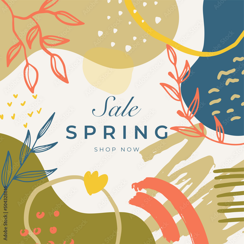 Unique spring cards with bright gradient backgrounds, tiny leaves, fluid shapes and geometric elements in memphis style. Abstract layouts perfect for prints, flyers, banners, invitations, covers.