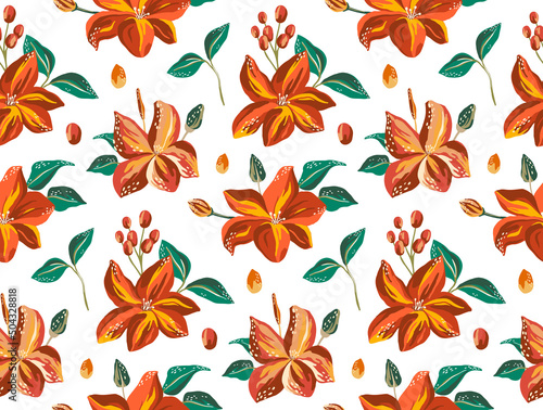 Red orange floral graphic seamless pattern. Bloom botanical background 