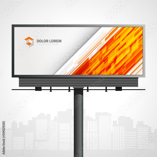 Business outdoor advertising billboard innovation orange dynamic flow print with place for text vector illustration. Street display stand marketing announcement template at cityscape town silhouette