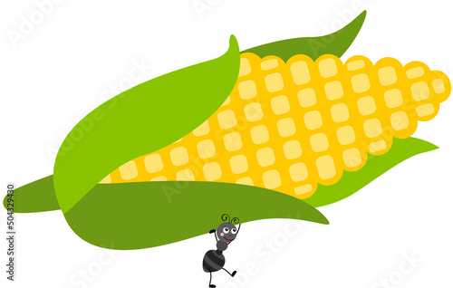 Cute ant carrying a fresh corn on the cob