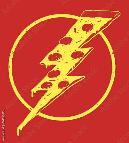 Piece of pizza in the shape of lightning, retro style isolated art for t-shirt, poster, social media, print design.