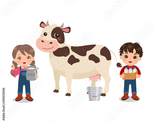 Cute boy and girl carrying fresh milk produce from cow. Flat vector cartoon design