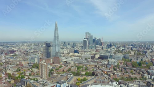 Establishing drone shot of London The Shard and Central Skyscrapers photo