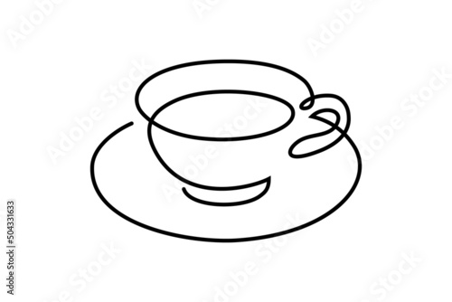 Cup on saucer in continuous line art drawing style. Tea or coffee cup black linear design isolated on white background. Vector illustration