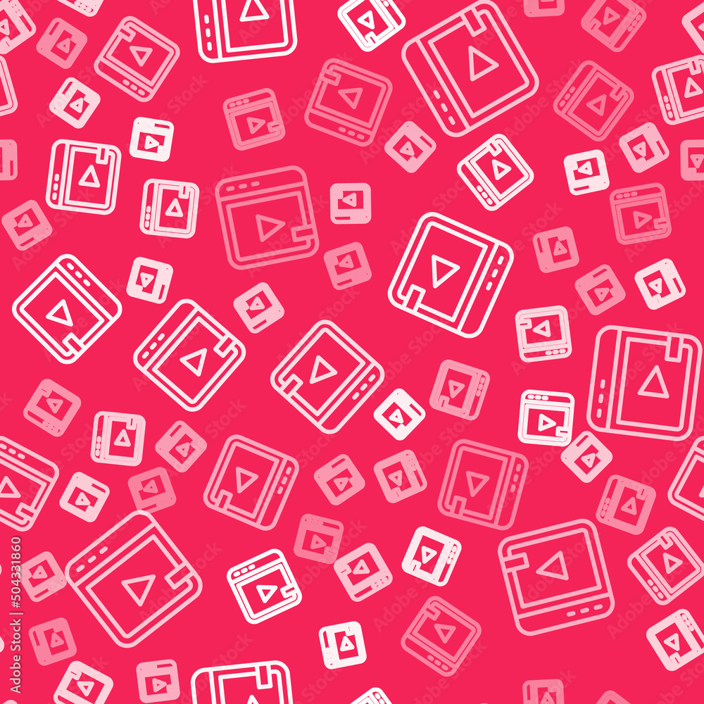 White line Video advertising icon isolated seamless pattern on red background. Concept of marketing and promotion process. Responsive ads. Social media advertising. Vector White line Video advertising icon isolated seamless pattern on red background. Concept of marketing and promotion process. Responsive ads. Social media advertising. Vector