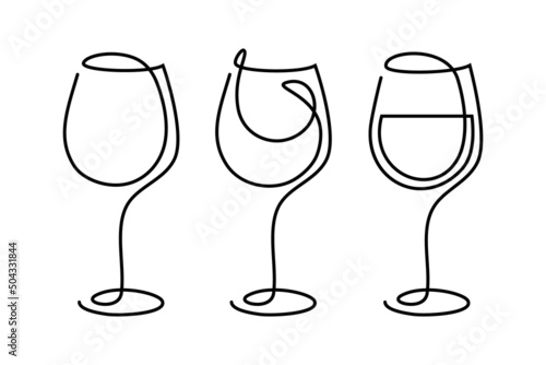 Wineglasses in continuous line art drawing style. Pouring wine to glass. Black linear design isolated on white background. Vector illustration photo