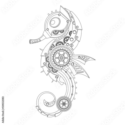 Mechanical seahorse coloring book in metal steampunk style. Vector illustration.