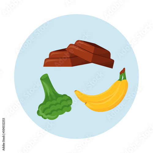 Vitamin B6 sources semi flat color vector objects icon. Dark chocolate and banana. Leafy greens. Full sized items on white. Simple cartoon style illustration for web graphic design and animation