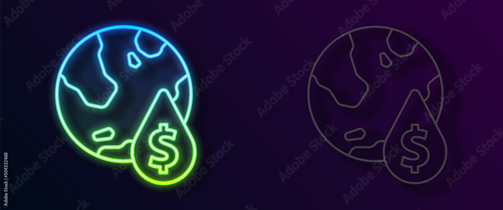 Glowing neon line Oil drop with dollar symbol icon isolated on black background. Oil price. Oil and petroleum industry. Vector Glowing neon line Oil drop with dollar symbol icon isolated on black background. Oil price. Oil and petroleum industry. Vector