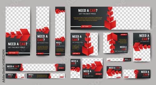 set of Rent Car web banners of standard size with a place for photos. Vertical, horizontal and square template. Vector EPS