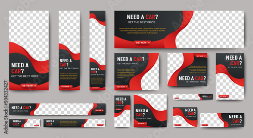set of Rent Car web banners of standard size with a place for photos. Vertical, horizontal and square template. Vector EPS