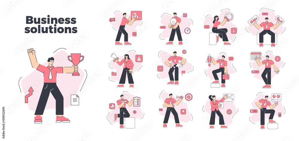 Collection man and woman business solutions marketing strategy profit analyzing vector flat illustration. Set office employee report presentation idea brainstorming achievement deadline announcement Collection man and woman business solutions marketing strategy profit analyzing vector flat illustration. Set office employee report presentation idea brainstorming achievement deadline announcement