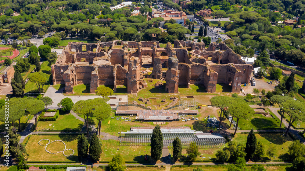 Aerial view of Baths of Caracalla located in Rome, Italy. They were