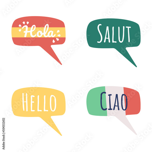 Greeting words in different languages semi flat color vector speech bubble set. Simple cartoon style illustration pack for web graphic design and animation. Amatic SC, Pacifico Regular fonts used