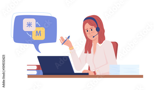 Online chinese translator semi flat color vector character. Sitting figure. Half body person on white. Simple cartoon style illustration for web graphic design and animation. KozGoPr6N font used