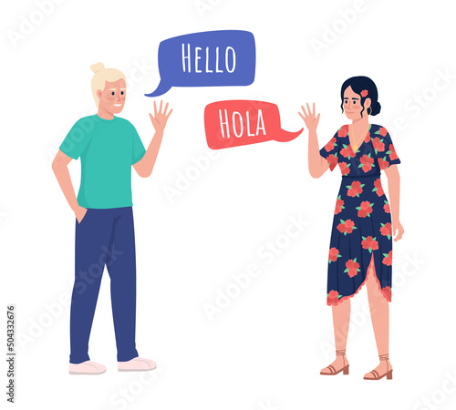 Native speakers exchanging greetings semi flat color vector characters. Full body people on white. Simple cartoon style illustration for web graphic design and animation. Amatic SC font used photo