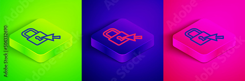 Isometric line Lock icon isolated on green, blue and pink background. Padlock sign. Security, safety, protection, privacy concept. Square button. Vector