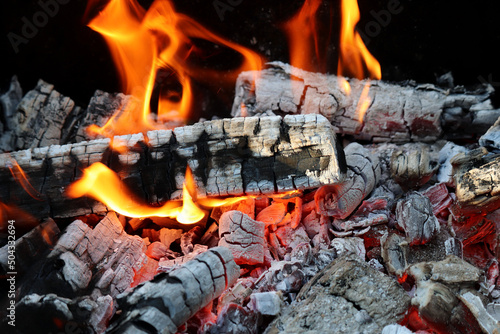 Open fire, burning logs. Background for outdoor cooking, camp kitchen, picnic with bonfire