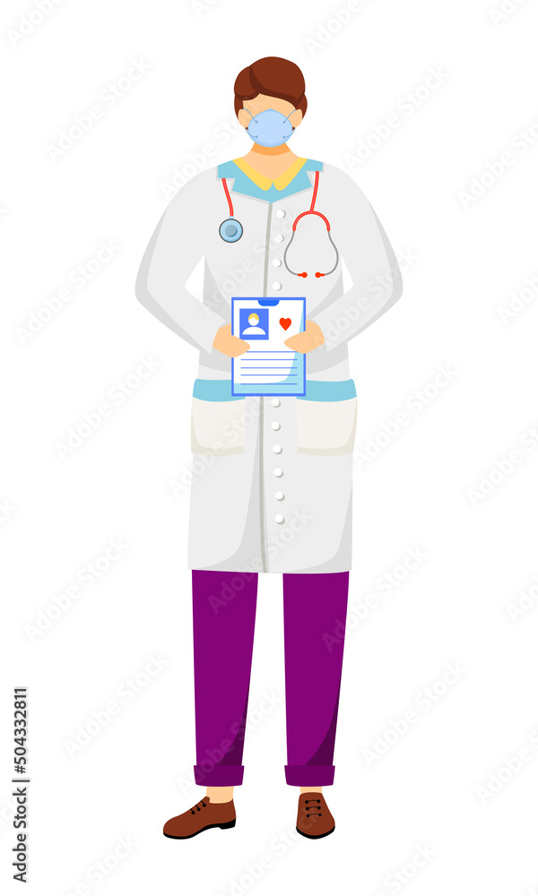 Doctor holding medical anamnesis semi flat color vector character. Standing figure. Full body person on white. Physician simple cartoon style illustration for web graphic design and animation