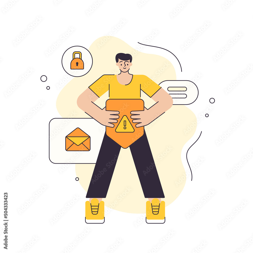 Man holding shield with exclamation point cybersecurity personal data protection vector flat illustration. Antivirus encryption internet web site code access network privacy server connection isolated Man holding shield with exclamation point cybersecurity personal data protection vector flat illustration. Antivirus encryption internet web site code access network privacy server connection isolated