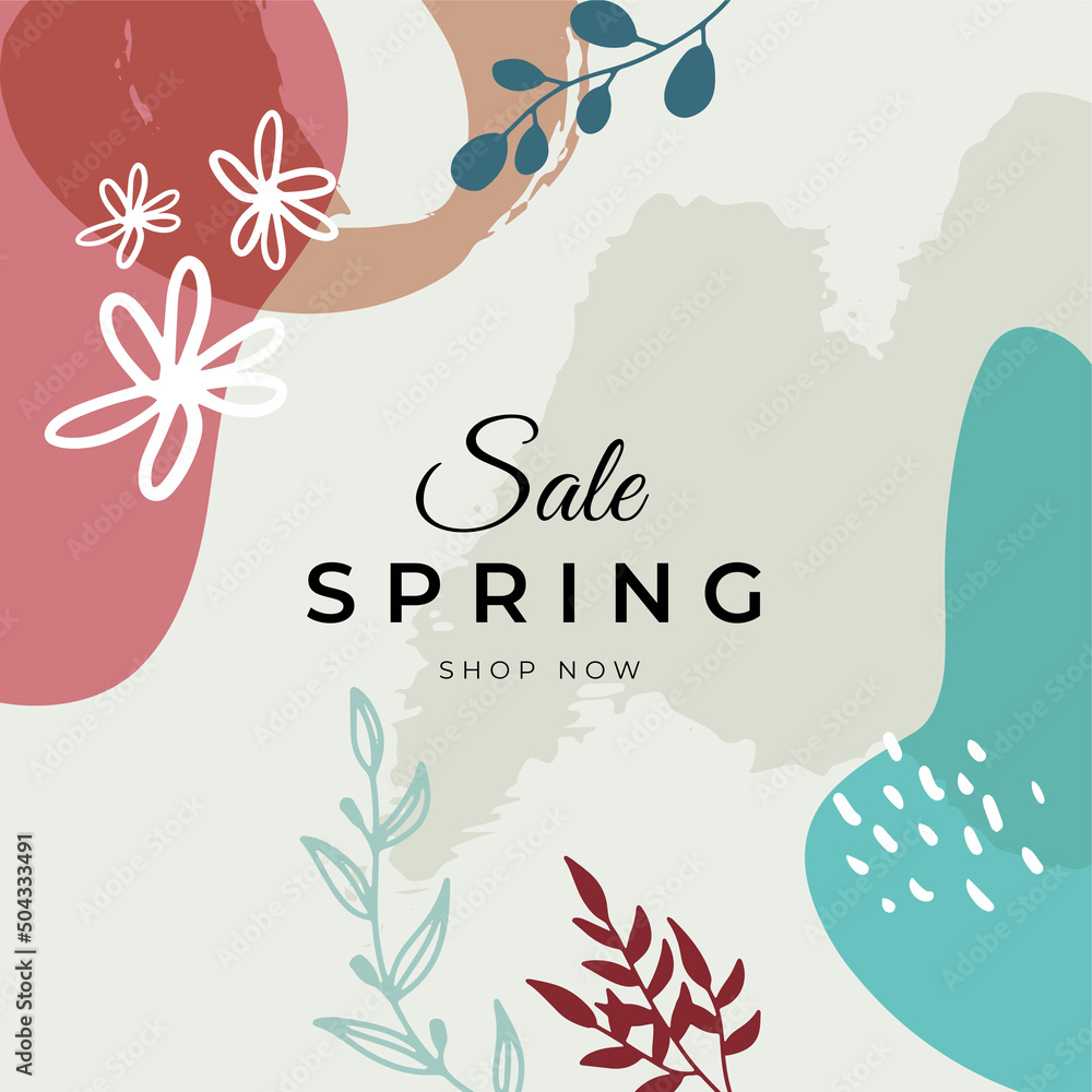 Hello spring flower frame vector template. Spring sale with hand drawn colorful pastel instagram post design template