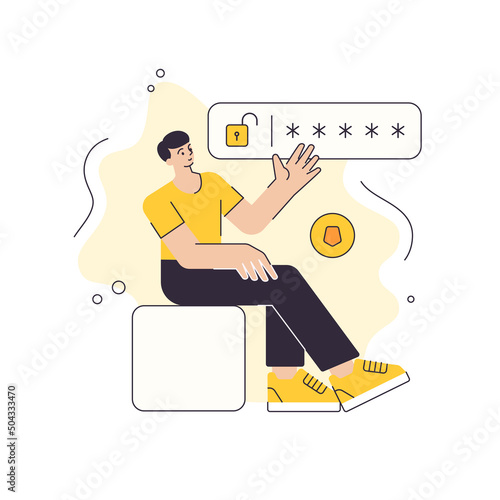 Man log in web site security access password personal data privacy internet information vector flat illustration. Male protection code antivirus safety software server datum encryption hacking lock