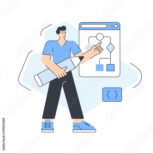Male developer analyzing scheme web site software coding process create script technology server vector flat illustration. Man coder programming website architecture deployment configuration isolated