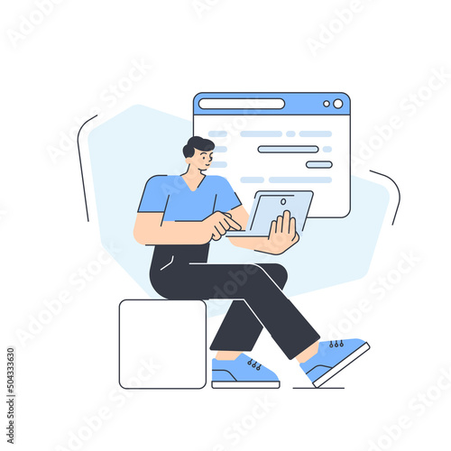 Male coder programming web site service mobile application use laptop vector flat illustration. Man programmer working writing code script database desktop development internet server support deploy